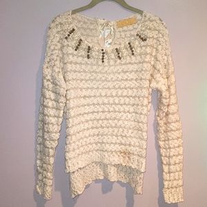 L | C Lizette Collection Cream & Gold Pearl Bow Tie Back Sweater